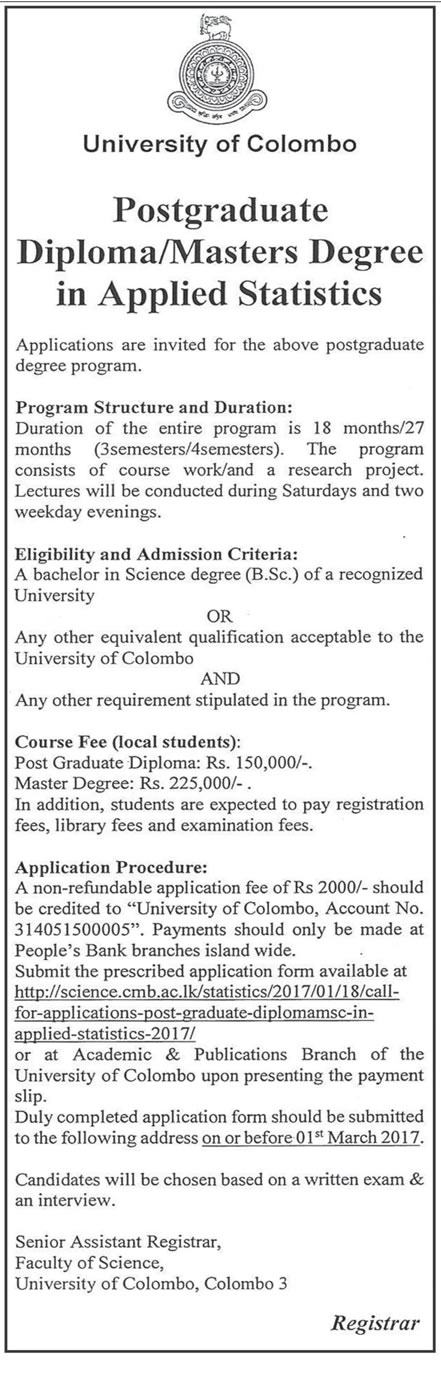 Postgraduate Diploma/Masters Degree in Applied Statistics - University of Colombo